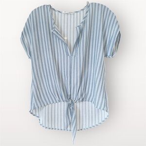 NWOT American Threads Blue White Striped Tie-Front Short Sleeve Flowy Blouse, S